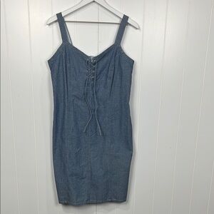 Faded Glory Womens Mini Sundress 10 Blue Chambray Lattice Tie Front Zip Back EUC